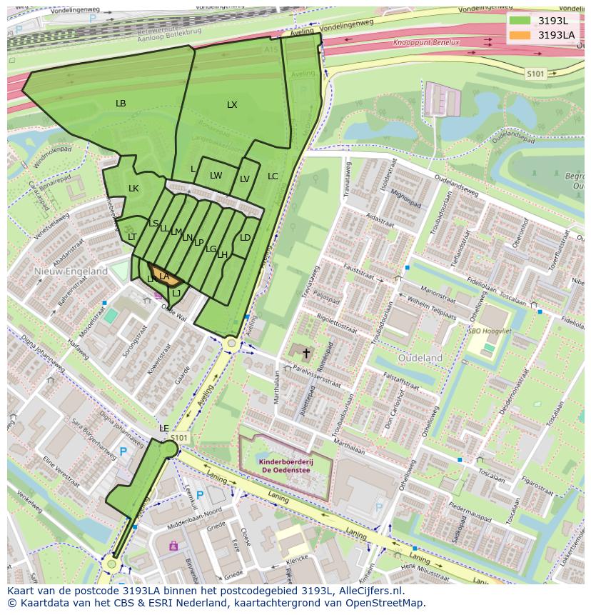 Afbeelding van het postcodegebied 3193 LA op de kaart.