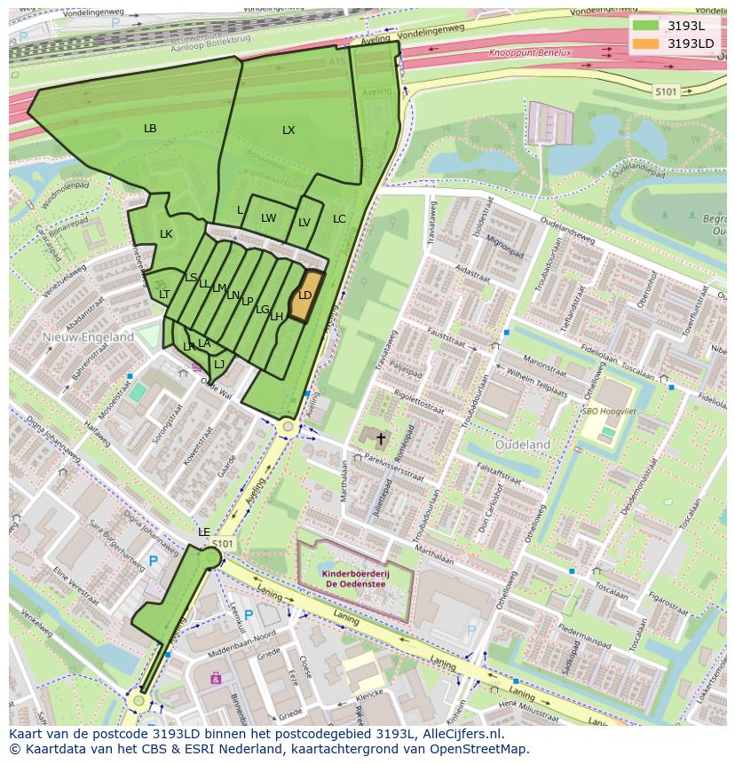 Afbeelding van het postcodegebied 3193 LD op de kaart.