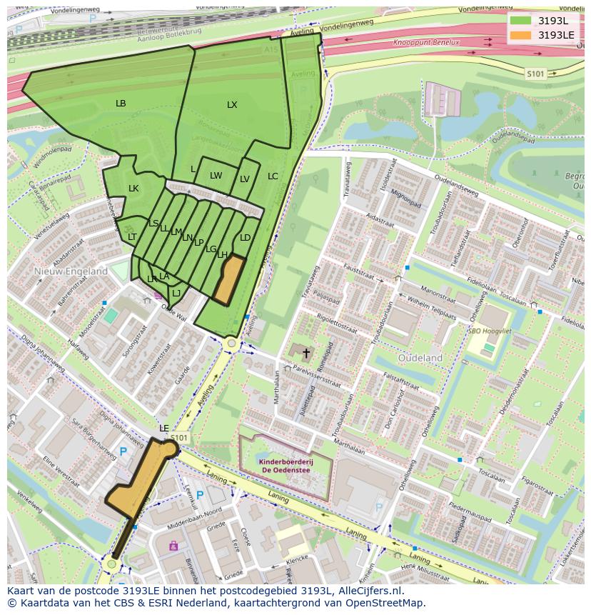 Afbeelding van het postcodegebied 3193 LE op de kaart.