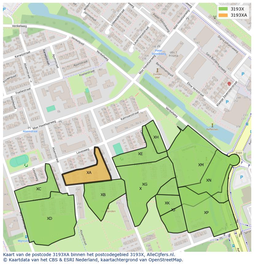 Afbeelding van het postcodegebied 3193 XA op de kaart.