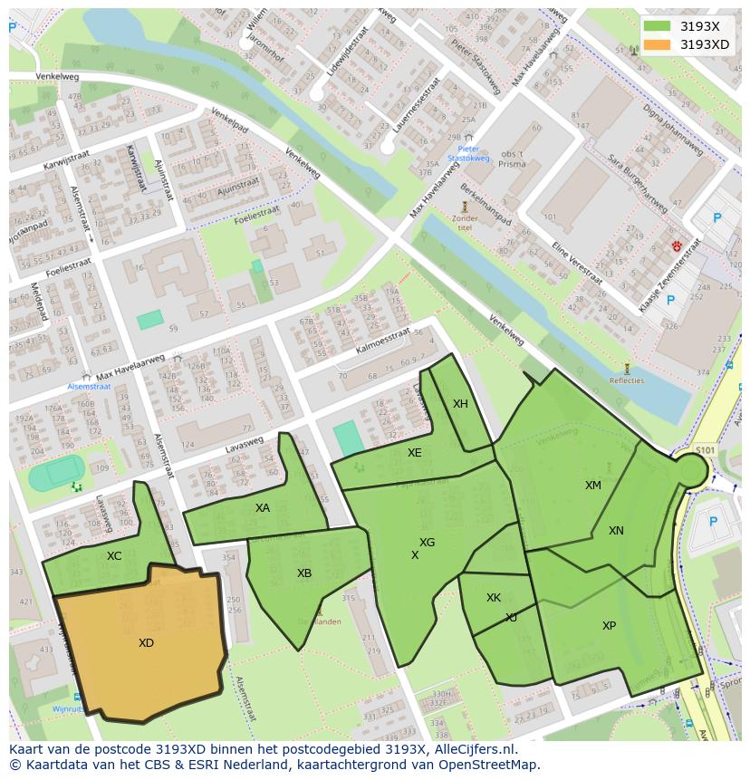 Afbeelding van het postcodegebied 3193 XD op de kaart.