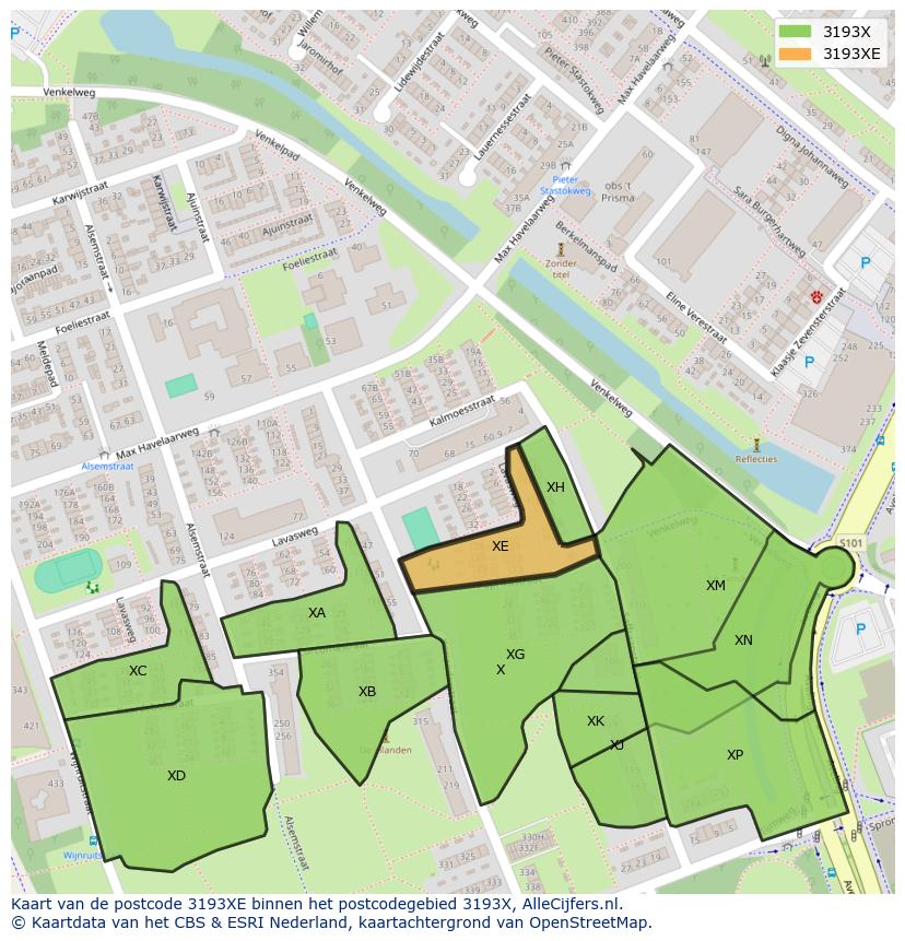 Afbeelding van het postcodegebied 3193 XE op de kaart.