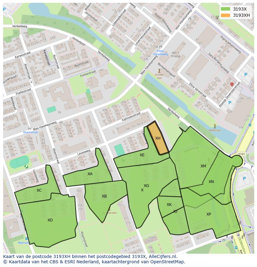 Afbeelding van het postcodegebied 3193 XH op de kaart.