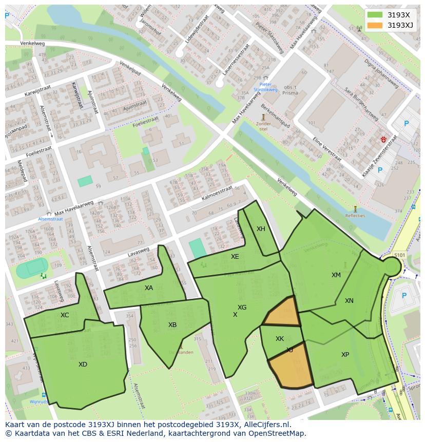 Afbeelding van het postcodegebied 3193 XJ op de kaart.