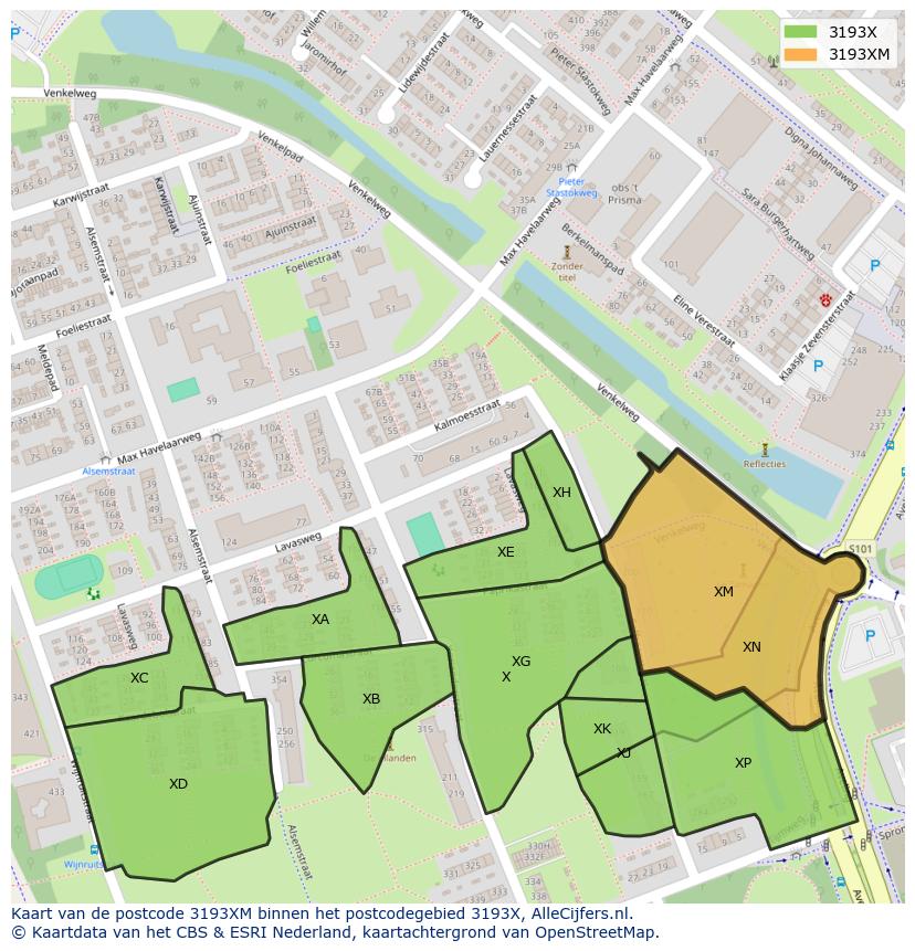 Afbeelding van het postcodegebied 3193 XM op de kaart.