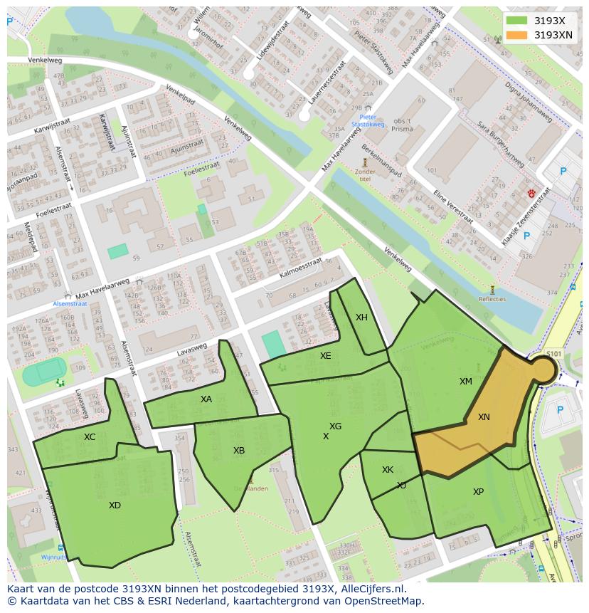 Afbeelding van het postcodegebied 3193 XN op de kaart.