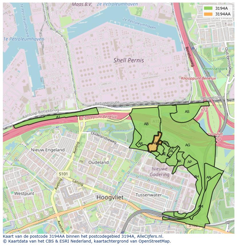 Afbeelding van het postcodegebied 3194 AA op de kaart.