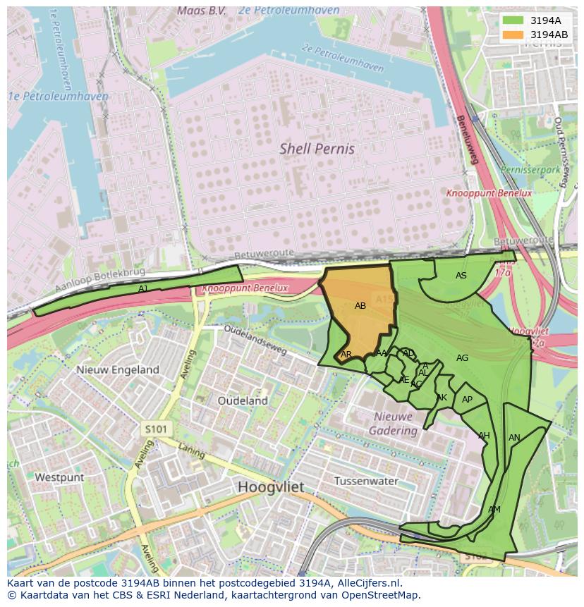 Afbeelding van het postcodegebied 3194 AB op de kaart.