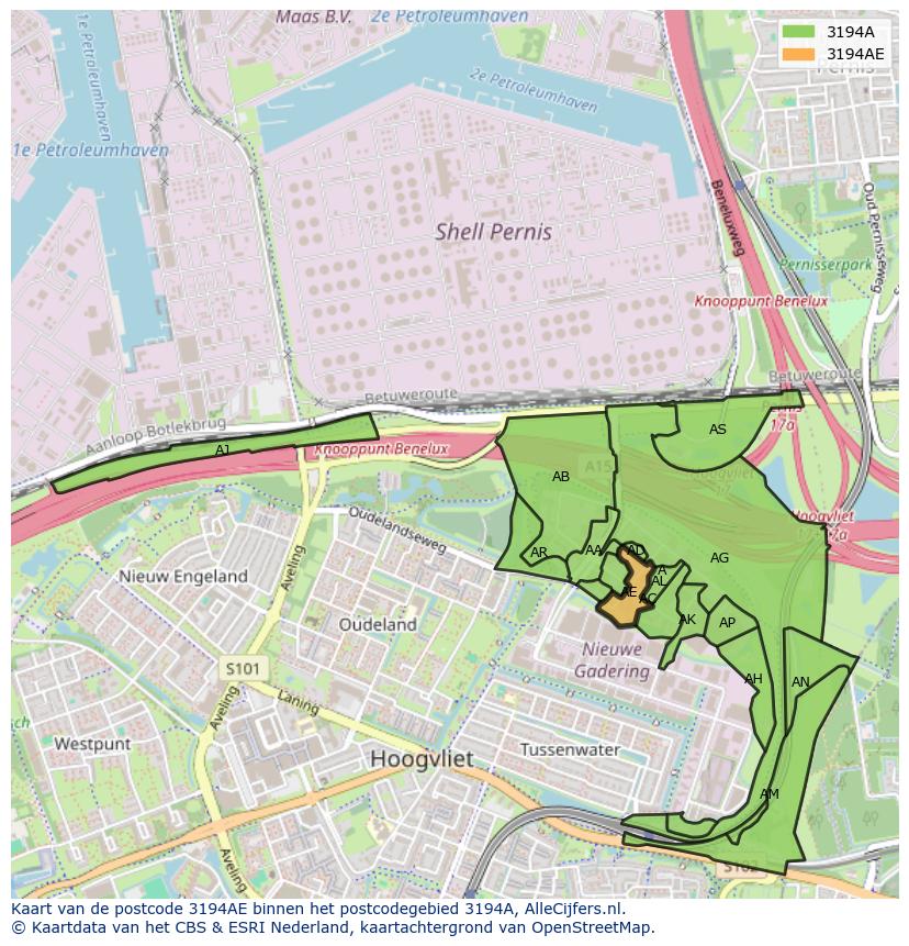Afbeelding van het postcodegebied 3194 AE op de kaart.