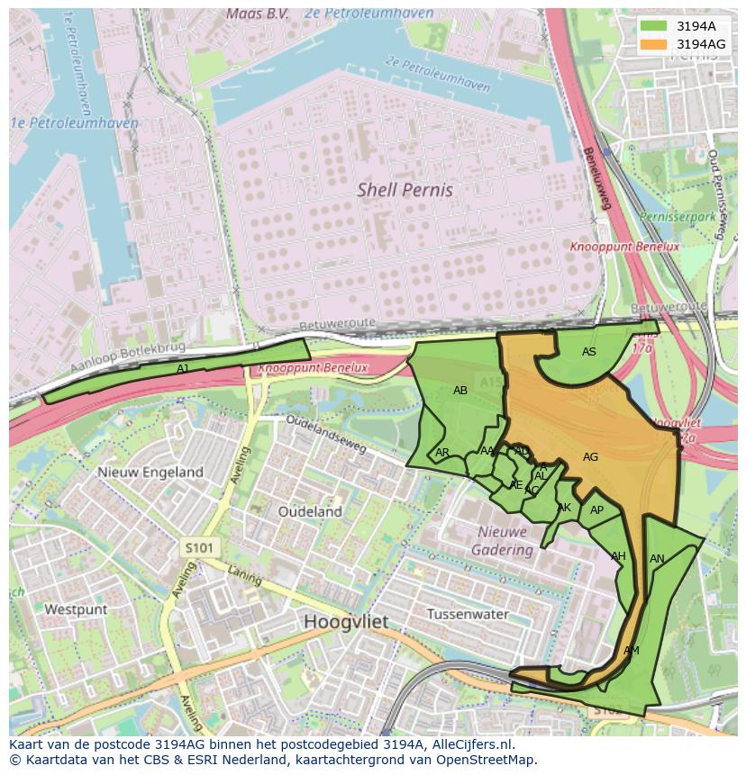 Afbeelding van het postcodegebied 3194 AG op de kaart.