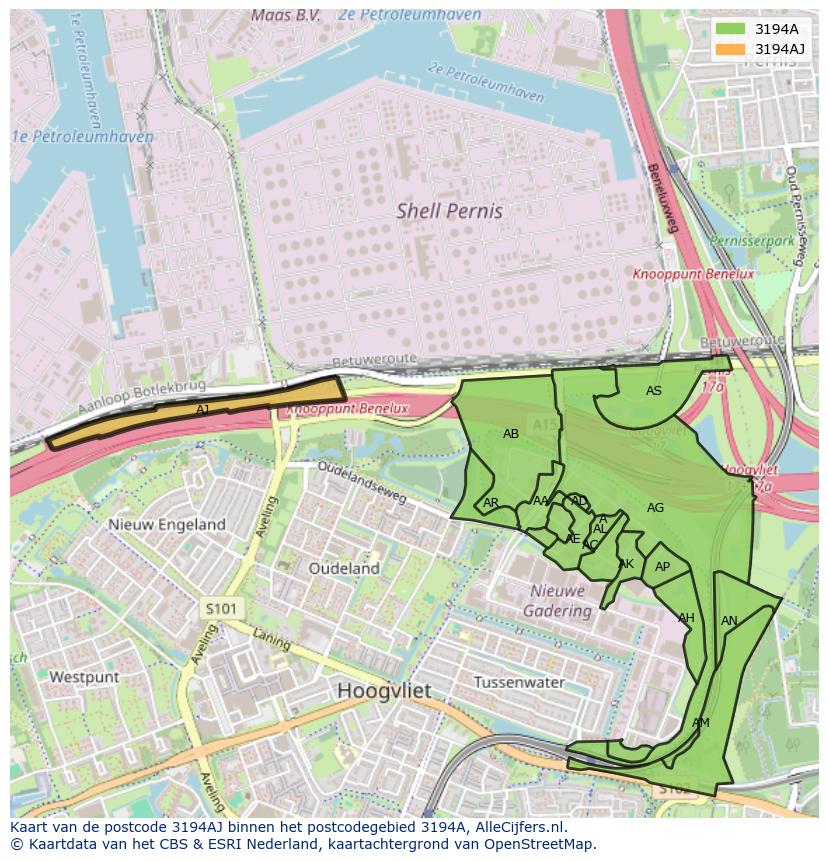 Afbeelding van het postcodegebied 3194 AJ op de kaart.