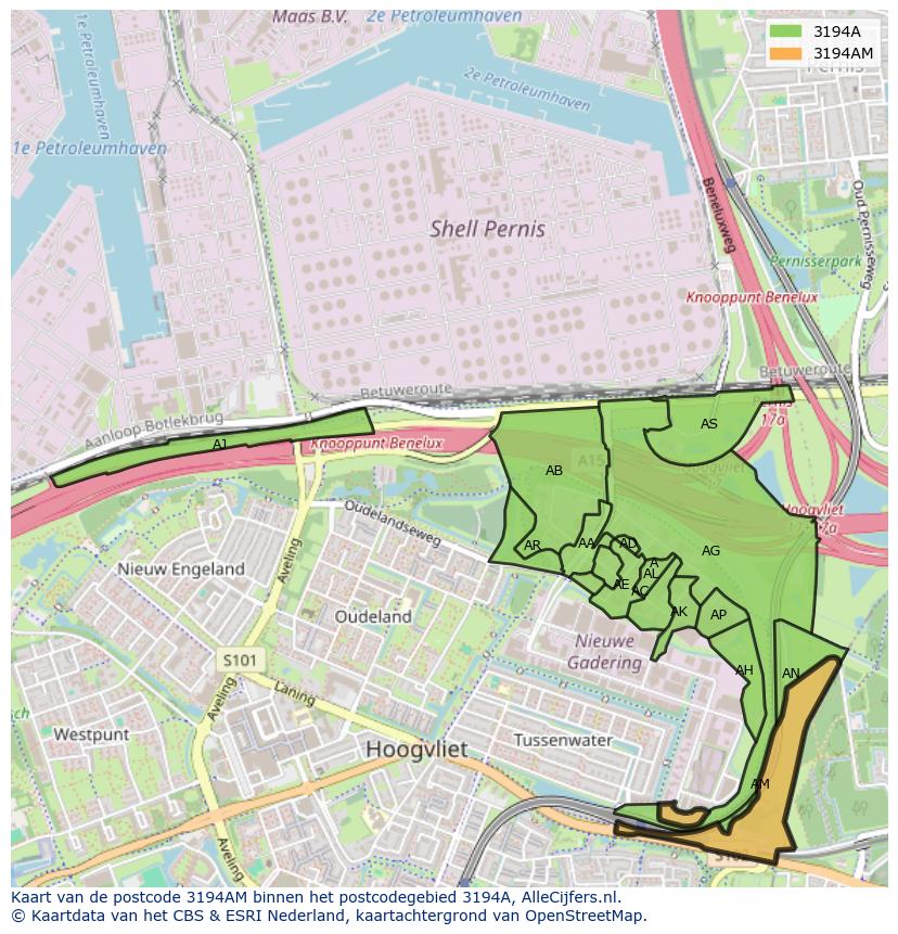 Afbeelding van het postcodegebied 3194 AM op de kaart.