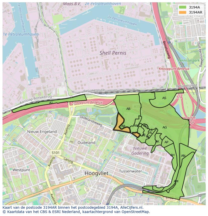 Afbeelding van het postcodegebied 3194 AR op de kaart.