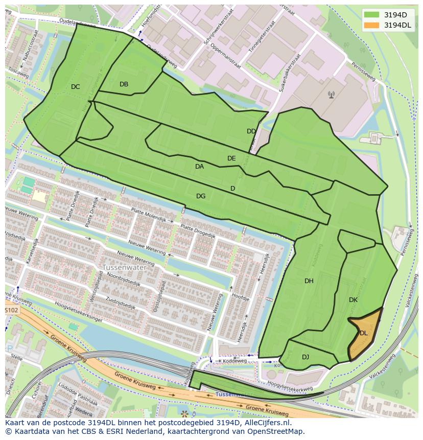 Afbeelding van het postcodegebied 3194 DL op de kaart.