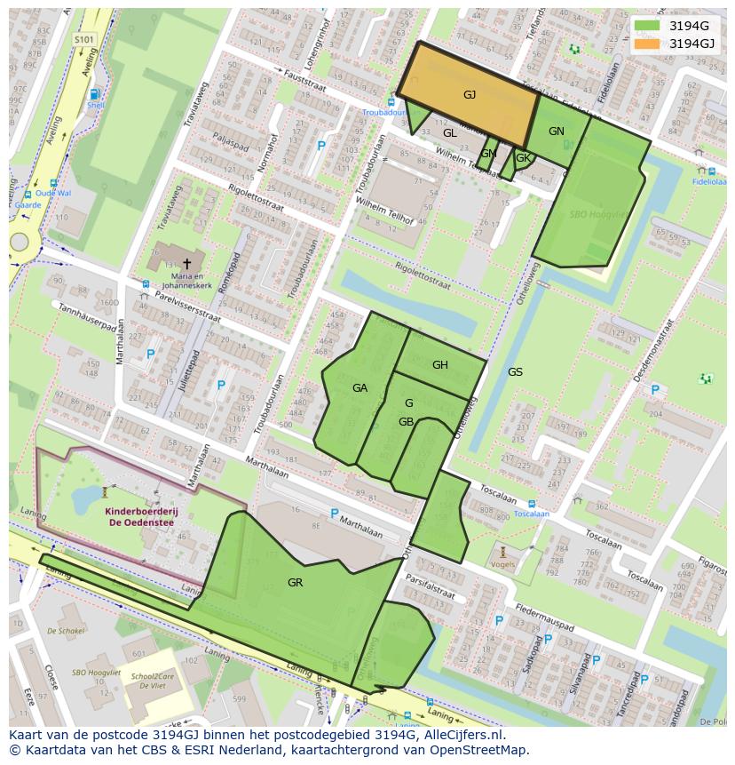 Afbeelding van het postcodegebied 3194 GJ op de kaart.