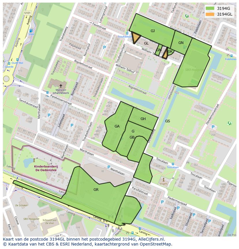 Afbeelding van het postcodegebied 3194 GL op de kaart.