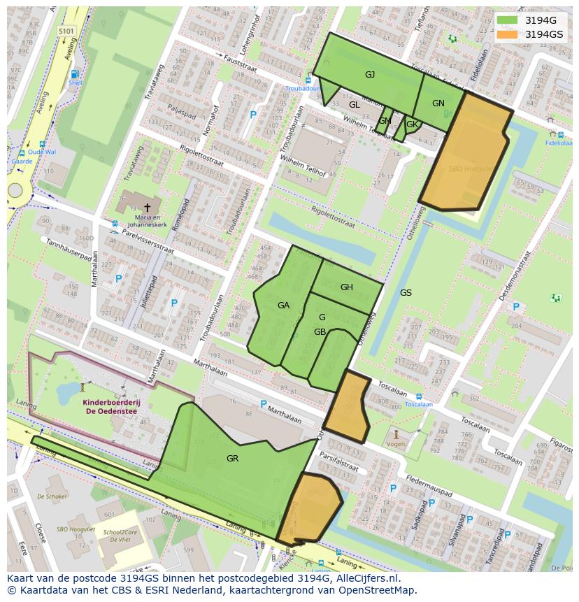 Afbeelding van het postcodegebied 3194 GS op de kaart.