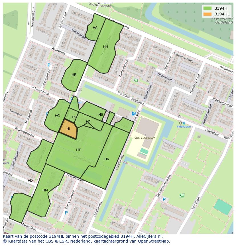 Afbeelding van het postcodegebied 3194 HL op de kaart.