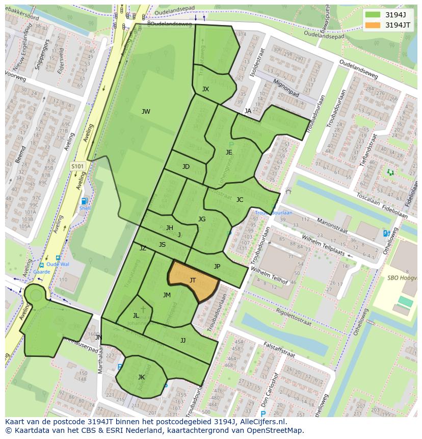 Afbeelding van het postcodegebied 3194 JT op de kaart.