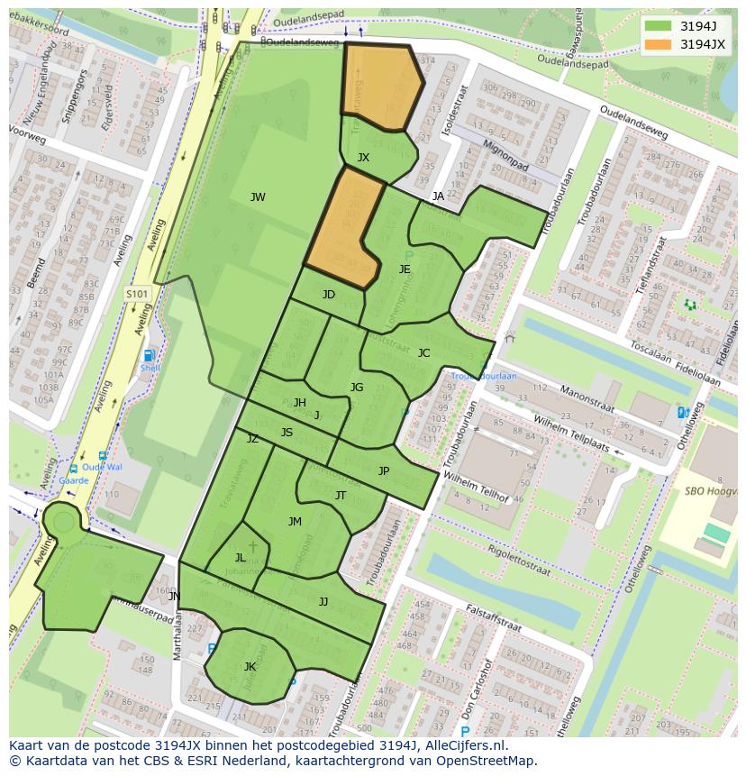 Afbeelding van het postcodegebied 3194 JX op de kaart.