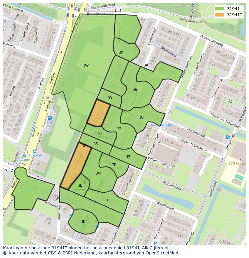 Afbeelding van het postcodegebied 3194 JZ op de kaart.