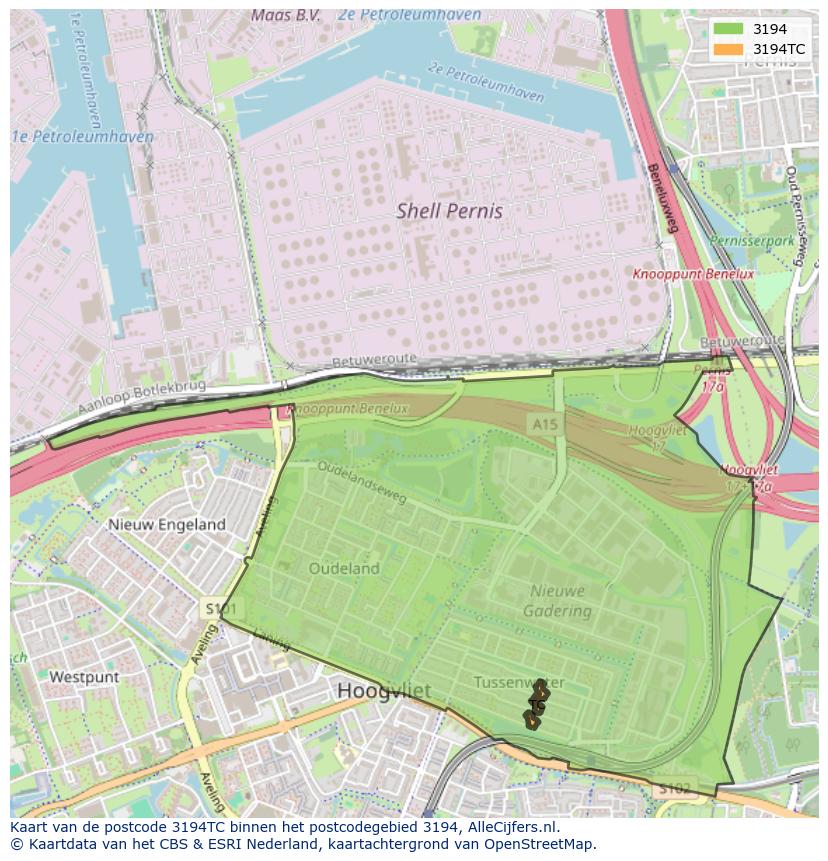 Afbeelding van het postcodegebied 3194 TC op de kaart.