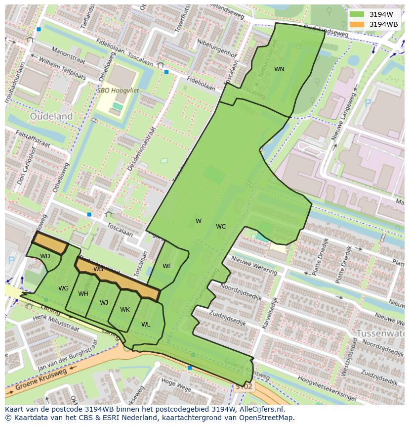 Afbeelding van het postcodegebied 3194 WB op de kaart.