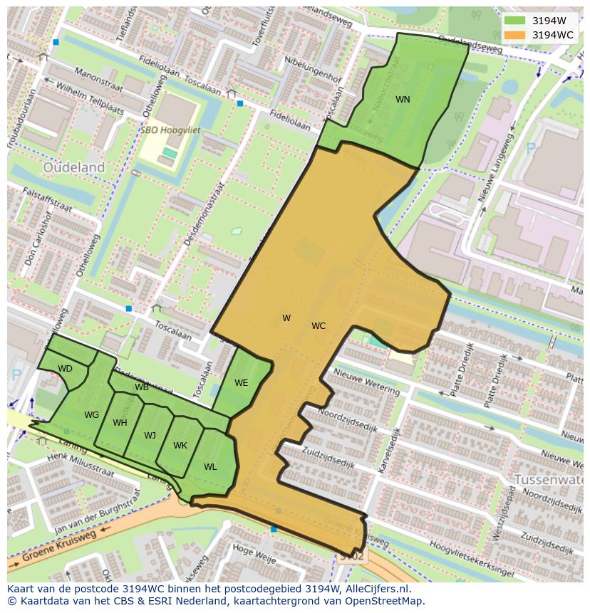 Afbeelding van het postcodegebied 3194 WC op de kaart.