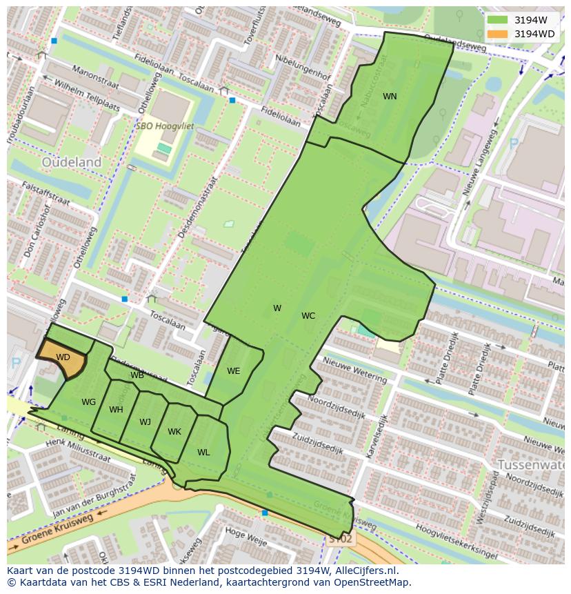 Afbeelding van het postcodegebied 3194 WD op de kaart.