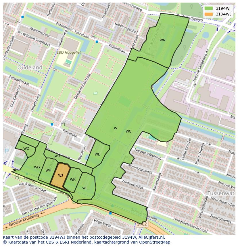 Afbeelding van het postcodegebied 3194 WJ op de kaart.