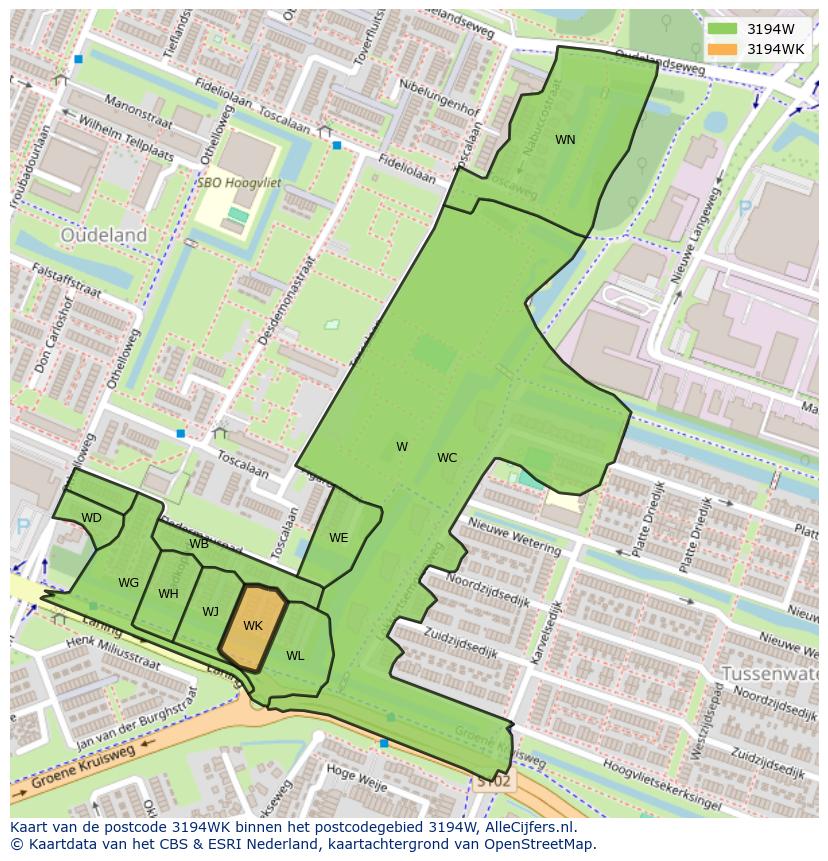 Afbeelding van het postcodegebied 3194 WK op de kaart.