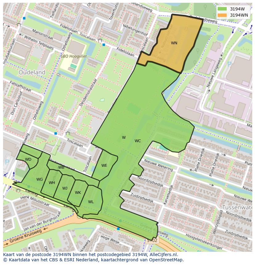 Afbeelding van het postcodegebied 3194 WN op de kaart.