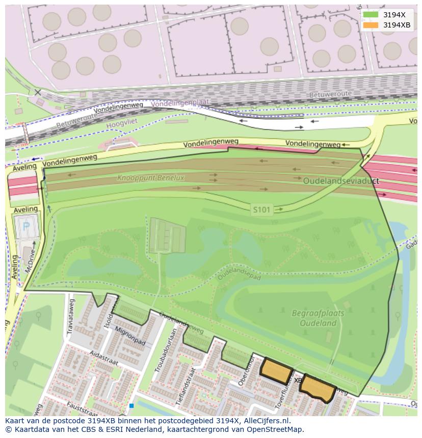 Afbeelding van het postcodegebied 3194 XB op de kaart.