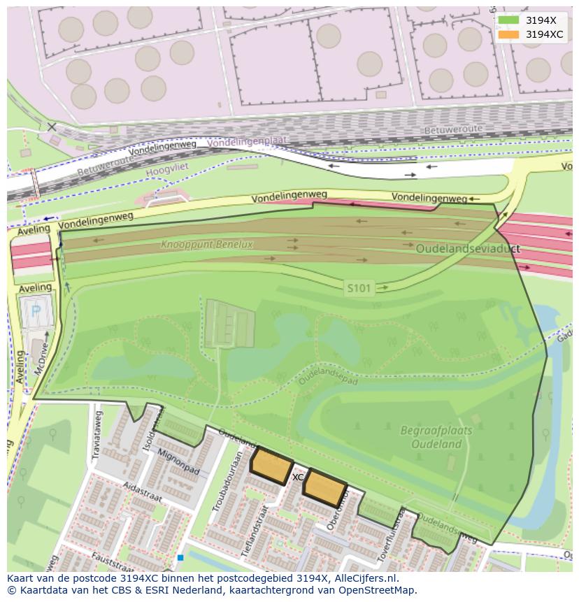 Afbeelding van het postcodegebied 3194 XC op de kaart.