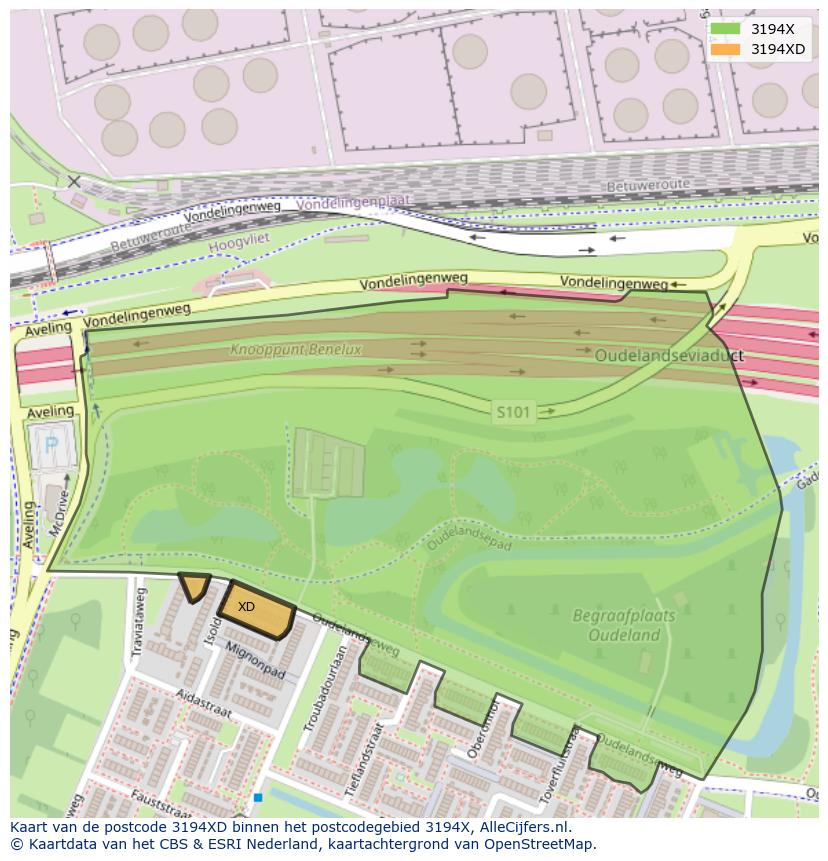 Afbeelding van het postcodegebied 3194 XD op de kaart.
