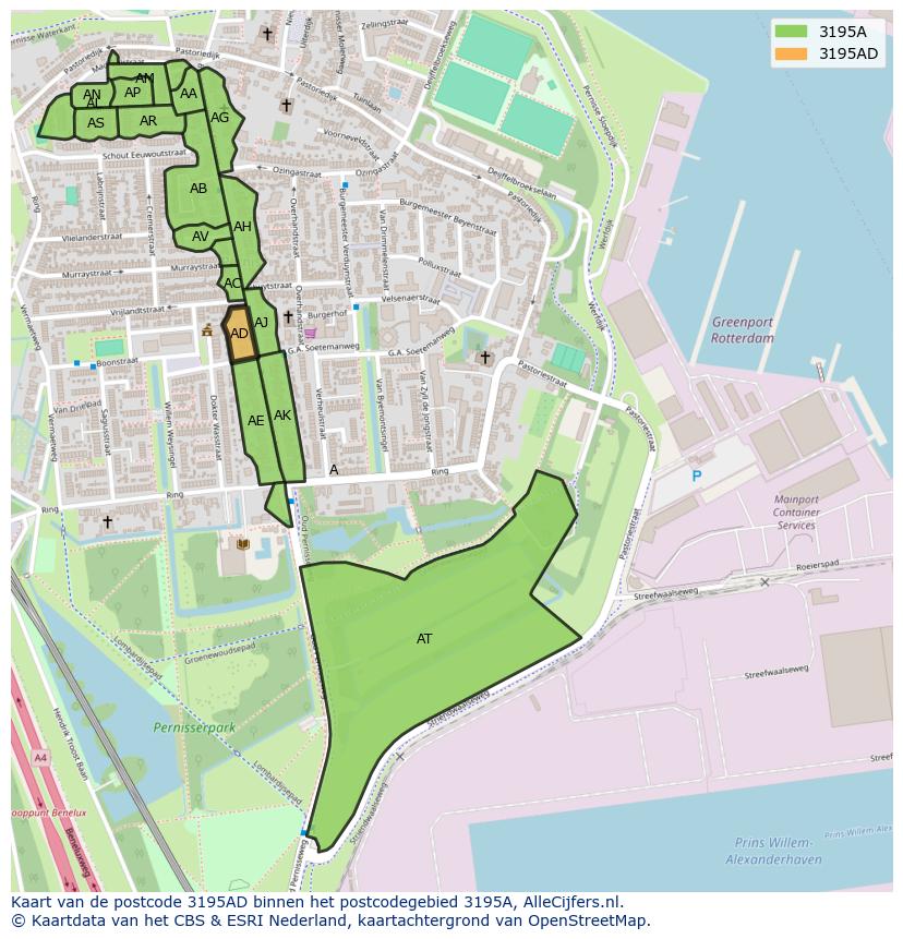 Afbeelding van het postcodegebied 3195 AD op de kaart.