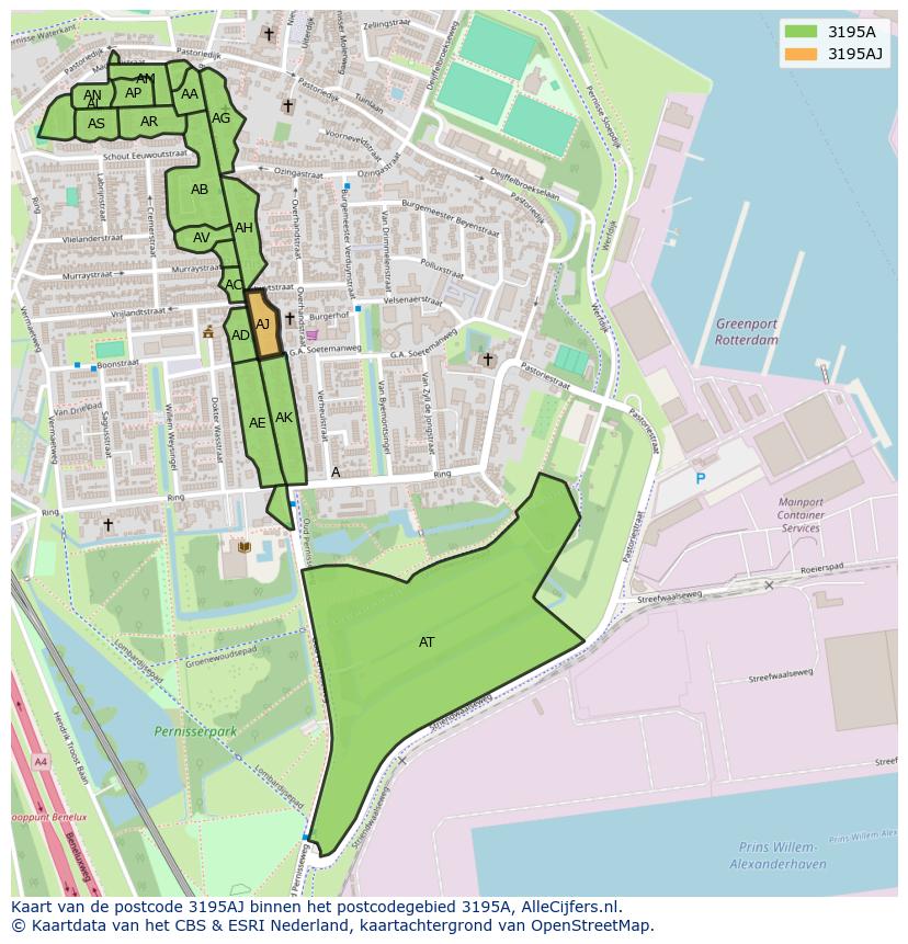 Afbeelding van het postcodegebied 3195 AJ op de kaart.