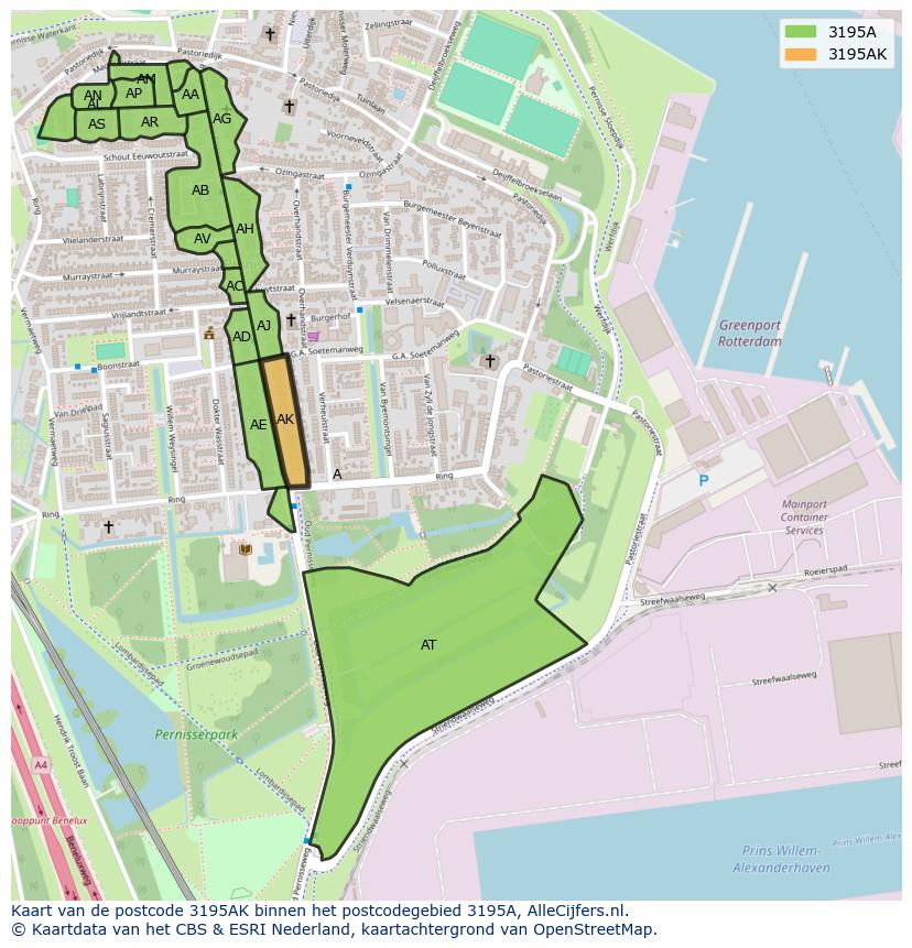 Afbeelding van het postcodegebied 3195 AK op de kaart.