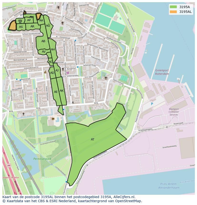 Afbeelding van het postcodegebied 3195 AL op de kaart.