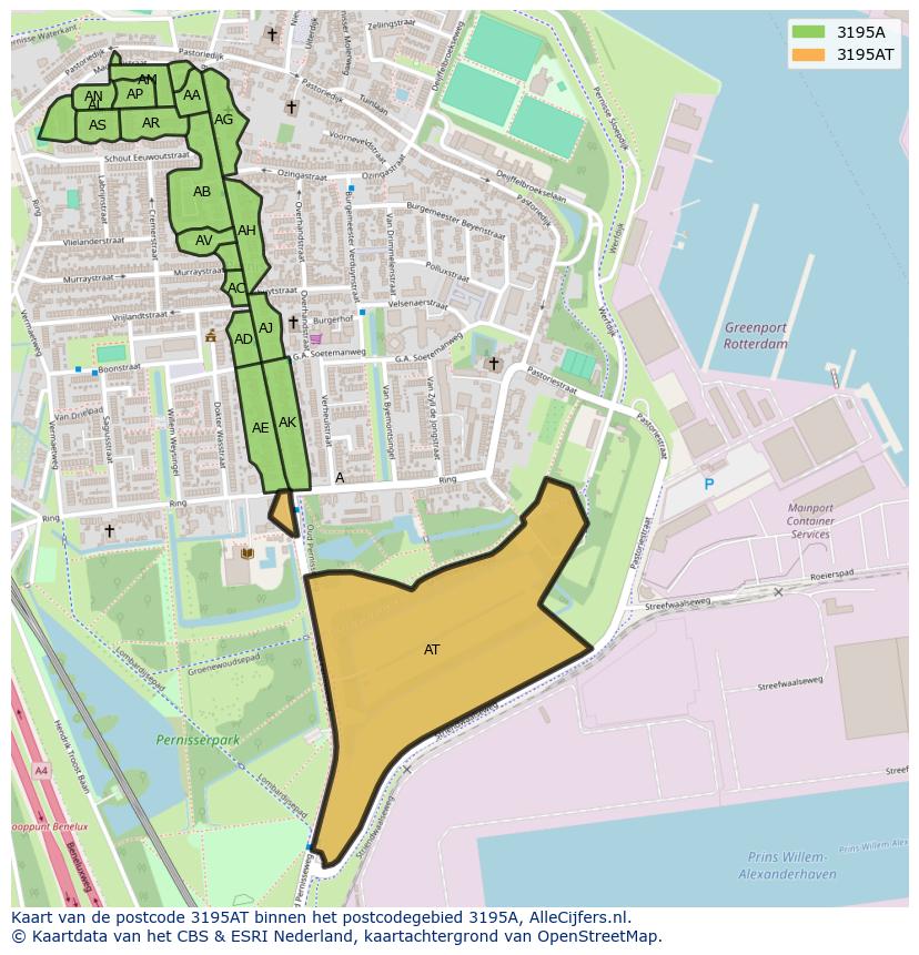 Afbeelding van het postcodegebied 3195 AT op de kaart.
