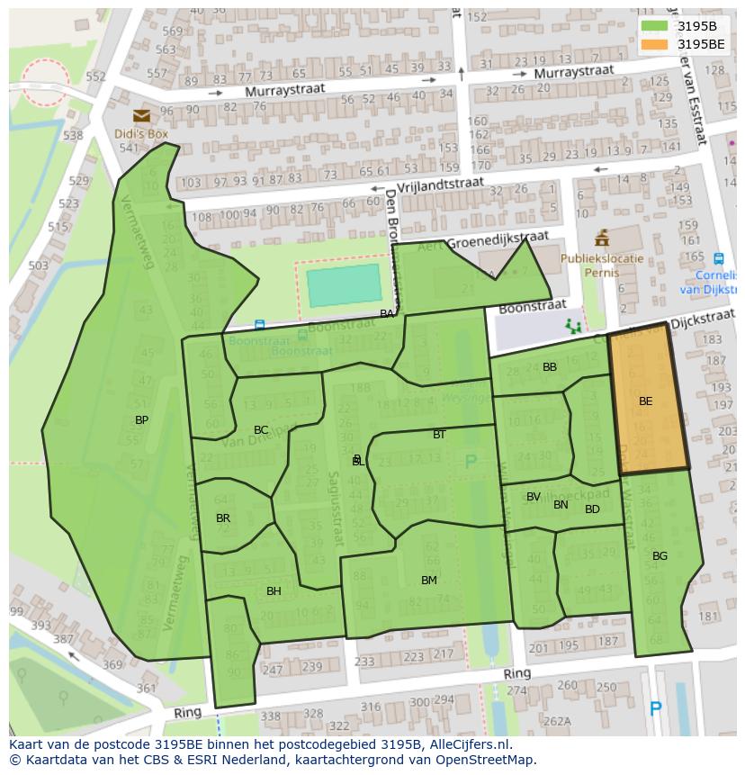 Afbeelding van het postcodegebied 3195 BE op de kaart.