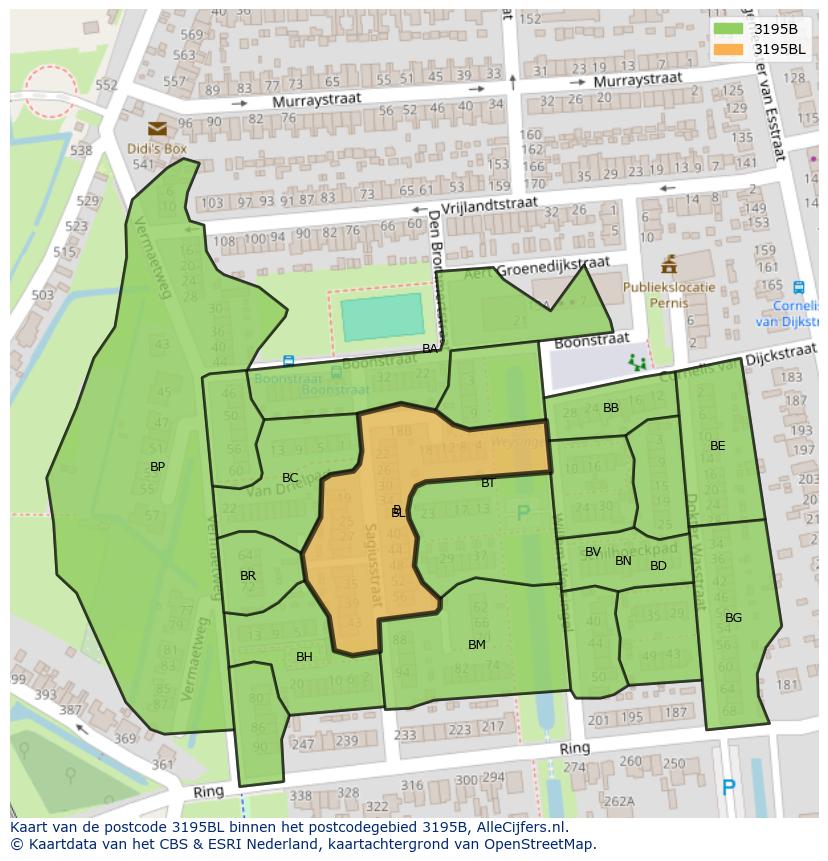 Afbeelding van het postcodegebied 3195 BL op de kaart.