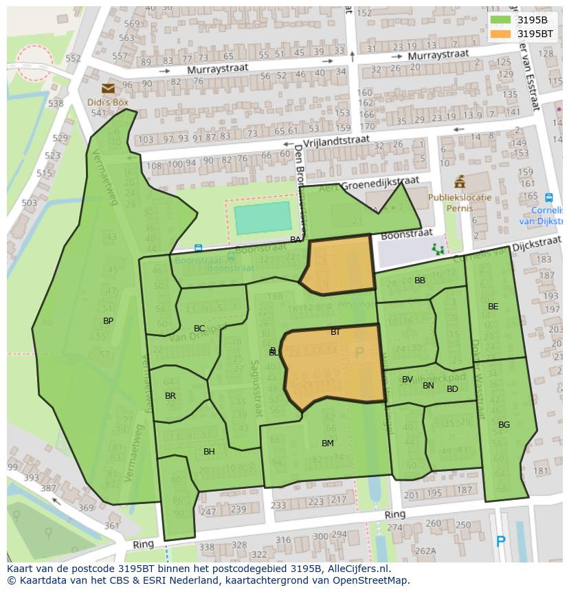 Afbeelding van het postcodegebied 3195 BT op de kaart.