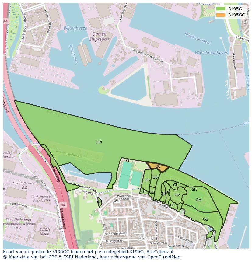 Afbeelding van het postcodegebied 3195 GC op de kaart.