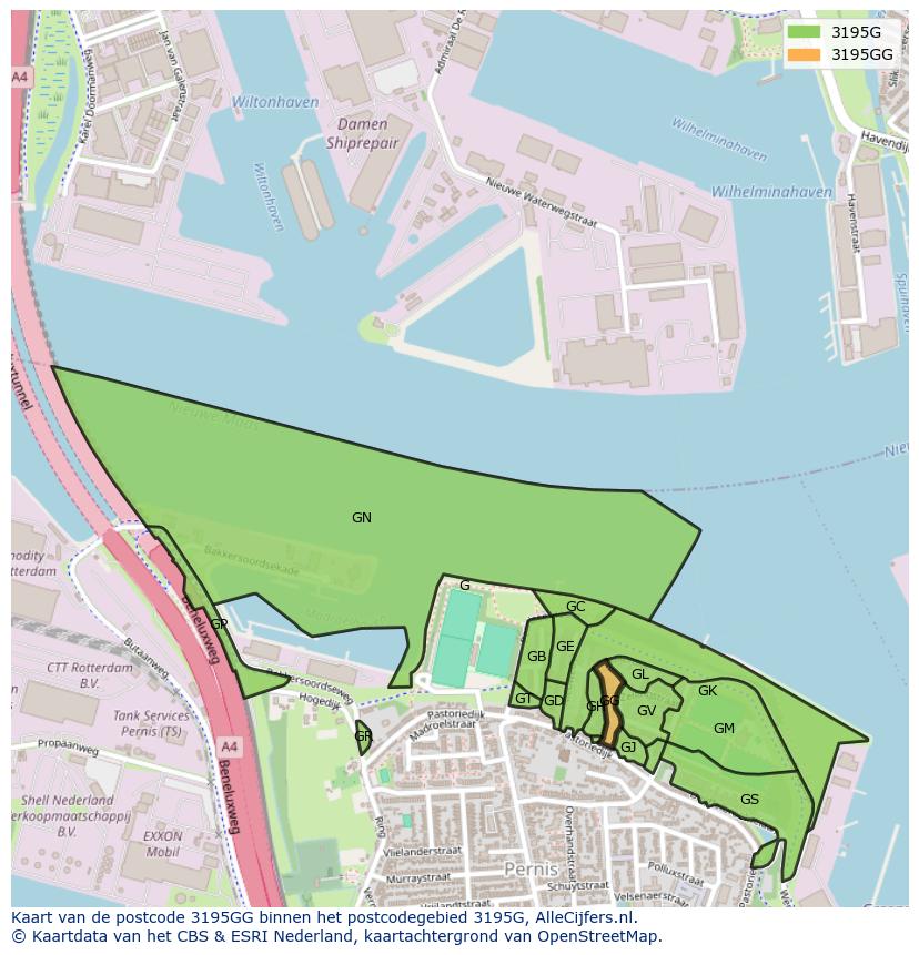 Afbeelding van het postcodegebied 3195 GG op de kaart.
