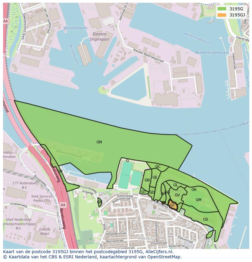 Afbeelding van het postcodegebied 3195 GJ op de kaart.