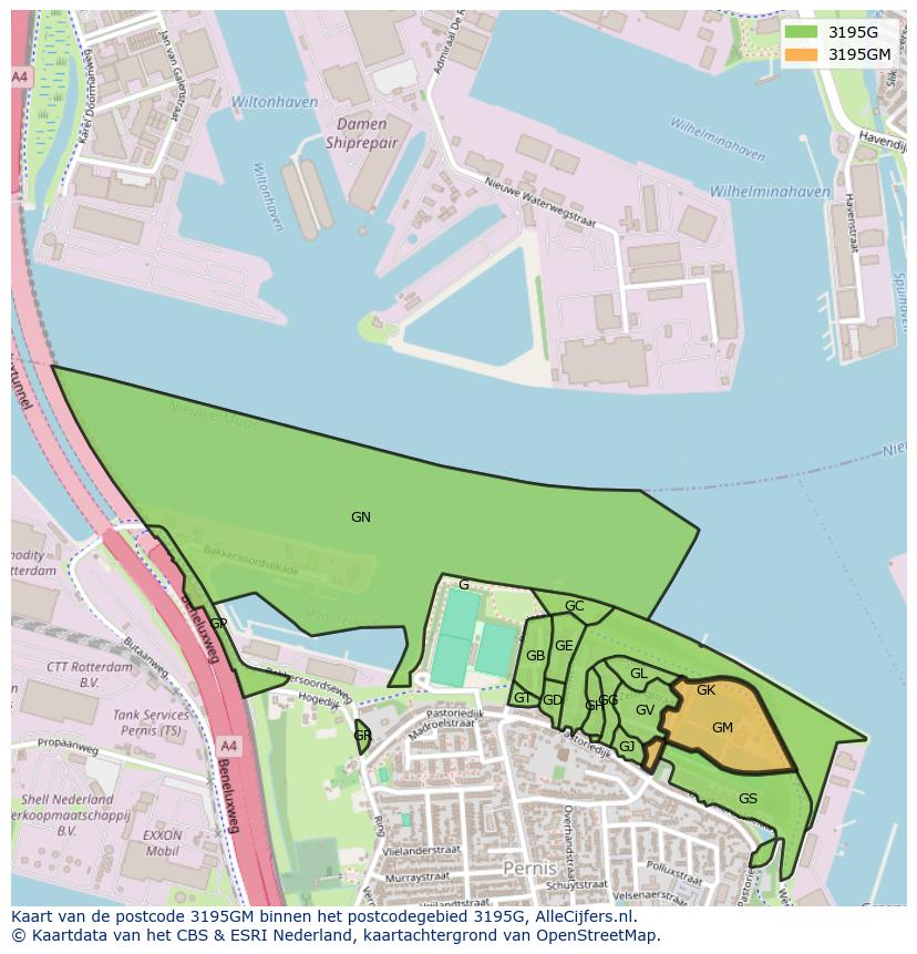 Afbeelding van het postcodegebied 3195 GM op de kaart.