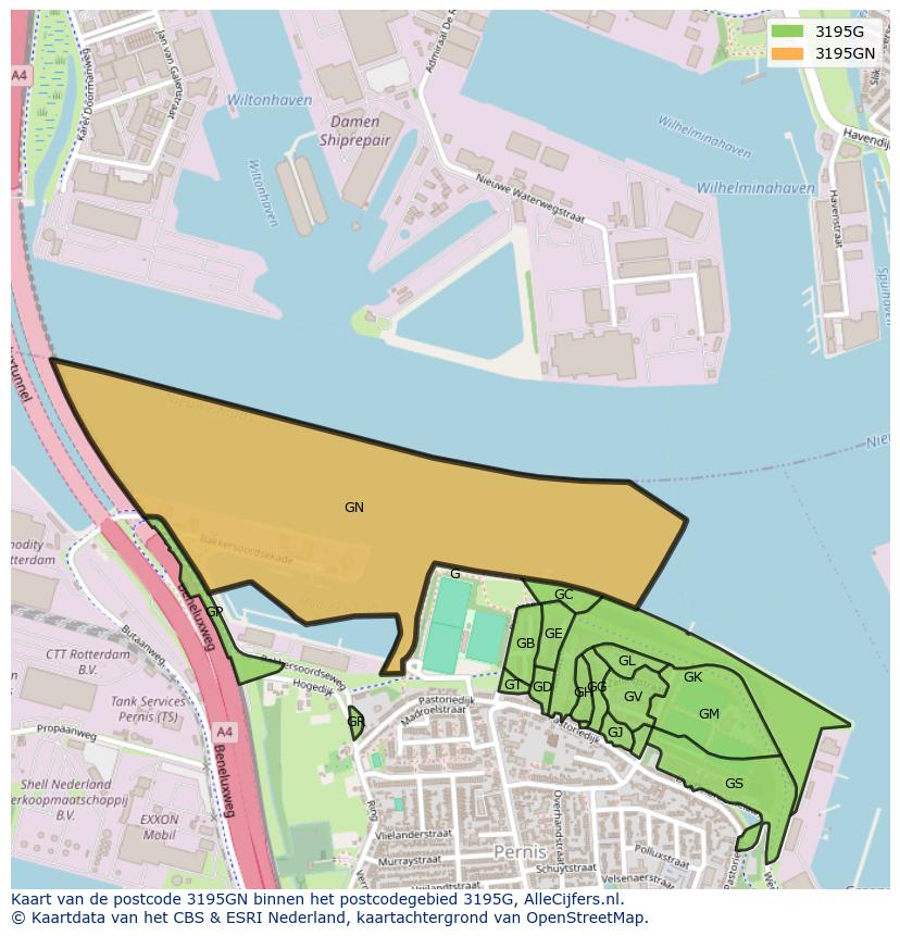 Afbeelding van het postcodegebied 3195 GN op de kaart.