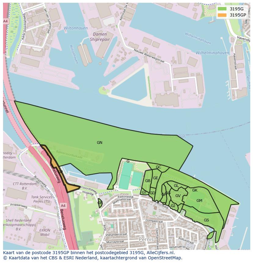 Afbeelding van het postcodegebied 3195 GP op de kaart.