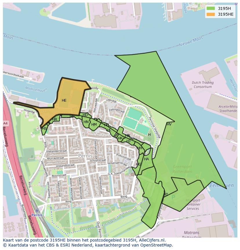 Afbeelding van het postcodegebied 3195 HE op de kaart.